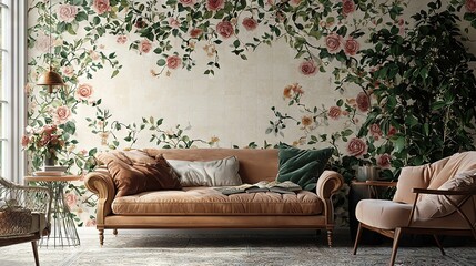   A cozy living space featuring a floral wallpaper, two comfortable couches, and a lamp adorning a table in the center