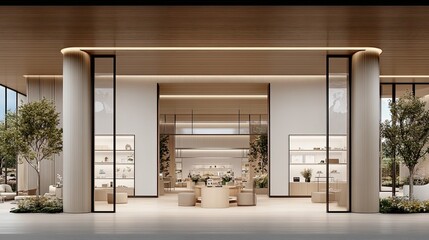 This minimalist modern room features wooden flooring, white walls, and large windows, creating a bright and open atmosphere