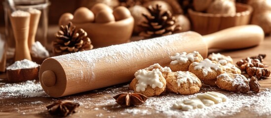A wooden rolling pin dusted with white powder sits on a wooden table with freshly baked cookies and star anise pods.