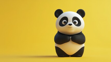A cartoon panda is standing on a yellow background. The panda is smiling and he is happy