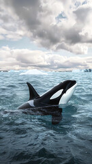 Obraz premium Orca breaching in ocean under cloudy sky
