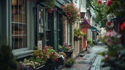 A picturesque street lined with quaint storefronts and blooming flower boxes captured in a grainy muted photo that transports the viewer to a time long ago.