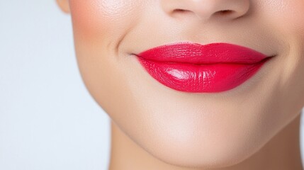 Obraz premium Close-up of a woman's lips with bold red lipstick, glossy finish and smooth texture, radiant skin tone, studio beauty shot highlighting makeup details, feminine and elegant beauty concept