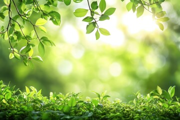 Obraz premium A serene green landscape with fresh leaves framing a sunlit background in a tranquil outdoor setting