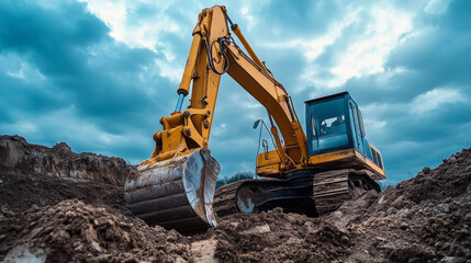 An excavator is digging up soil at a construction site. This heavy machinery is used for moving earth and building projects.