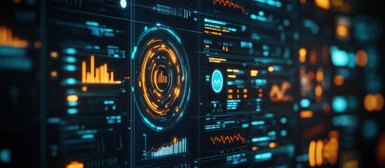 Obraz premium Futuristic user interface with data visualization and digital information displayed on a screen.