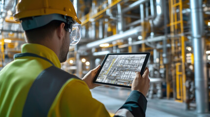 An industrial engineer uses a tablet with augmented reality to inspect a large metal structure. The tablet shows a digital model of an oil and gas pipeline, making it easier to understand the system.