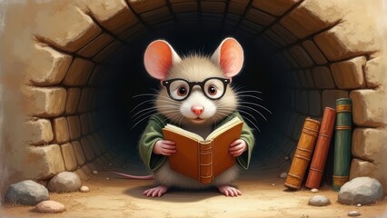 Clever Mouse Reading in Tunnel Scene