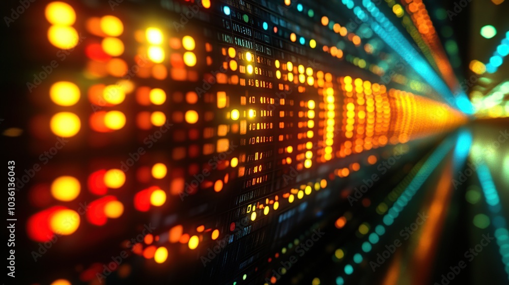 Poster abstract digital display with vibrant light patterns.