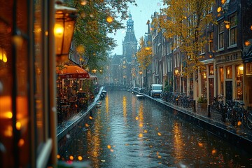 Rainy evening in a European city with cobblestone streets and canals.