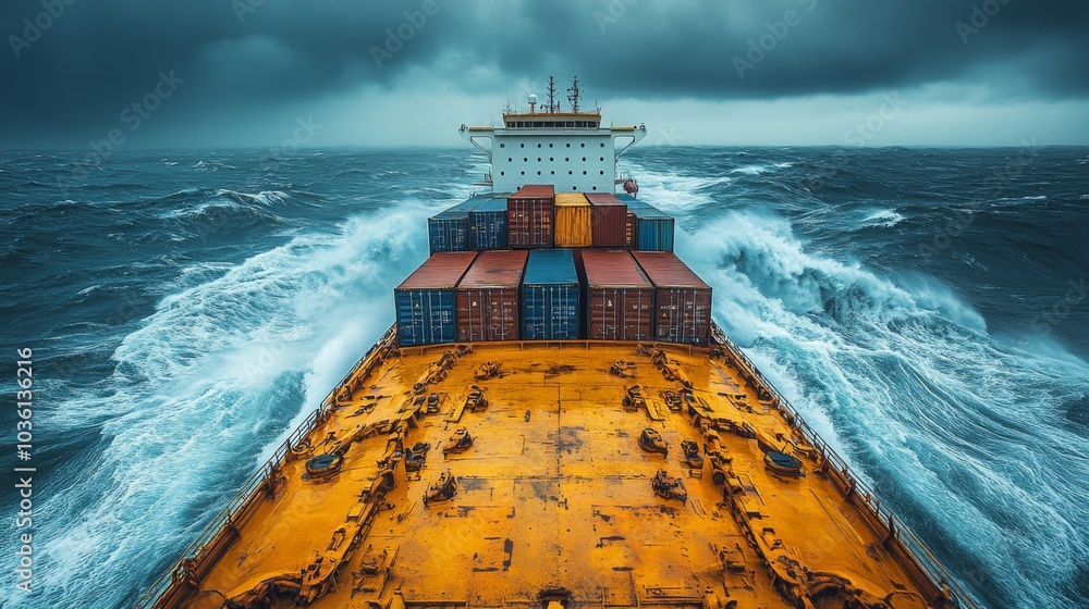Poster A large container ship moves forward on a restless sea, battling rough waves and strong winds while under an ominous sky filled with storm clouds.