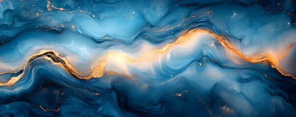 Modern Abstract Liquid Marble Design Banner with Fluid Gold and Blue