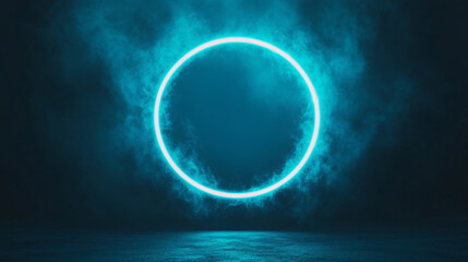 A glowing blue neon ring with smoke  in a dark room.