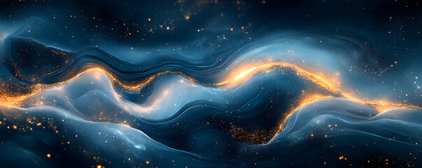 High-End Abstract Liquid Marble Banner in Deep Blue and Gold Fluid Art