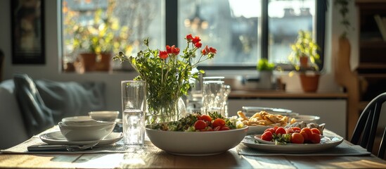 A table set for a meal with a bouquet of red flowers in a vase, plates, bowls, cutlery, and a window in the background.