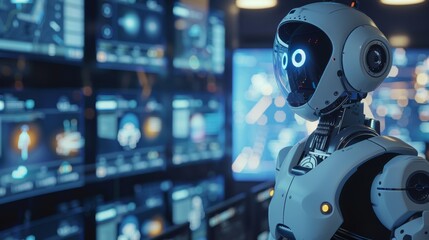 Futuristic robot monitoring a smart city control center