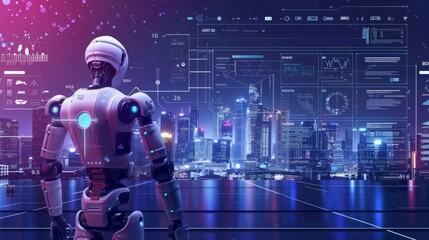 Futuristic robot monitoring a smart city control center