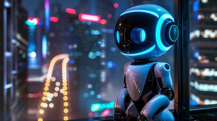 Futuristic robot monitoring a smart city control center