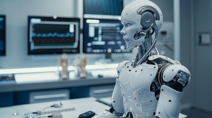Naklejka premium Futuristic robot operating a high-tech manufacturing plant
