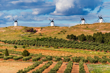 Old windmills on a hill in Alcazar de San Juan, Ciudad Real.