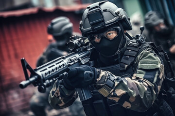 Chinese soldier engaged in tactical training drill with weaponized firearm in urban environment during daylight hours