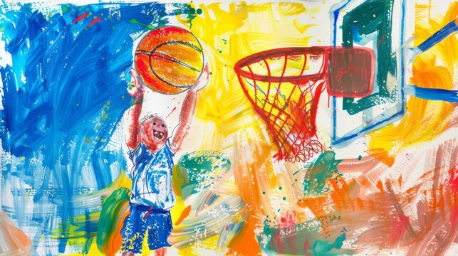 Kid artist painting an exciting basketball game