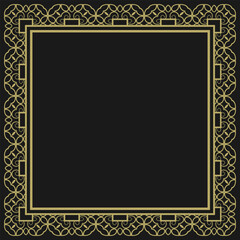 Square frame with vintage gold ornament on black background. Version 9. Vector illustration