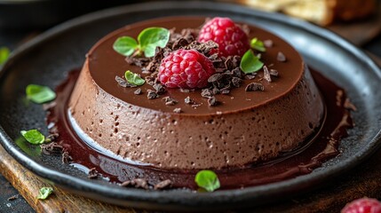 Chocolate dessert topped with raspberries and mint.