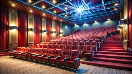 Projector is illuminating the screen of an empty movie theater with red seats