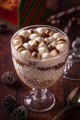 Christmas Dessert with Chocolate and Cream in Glass Cup