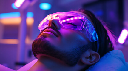 Obraz premium A man wearing purple glasses is lying down and looking at the camera