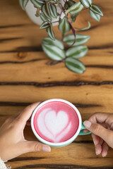 Young woman's hand holds a cup of matcha tea with raspberry or red berries, heart-shaped milk art, cappuccino coffee with red foam and heart, wooden table and decoration with plants, vegan hot drink