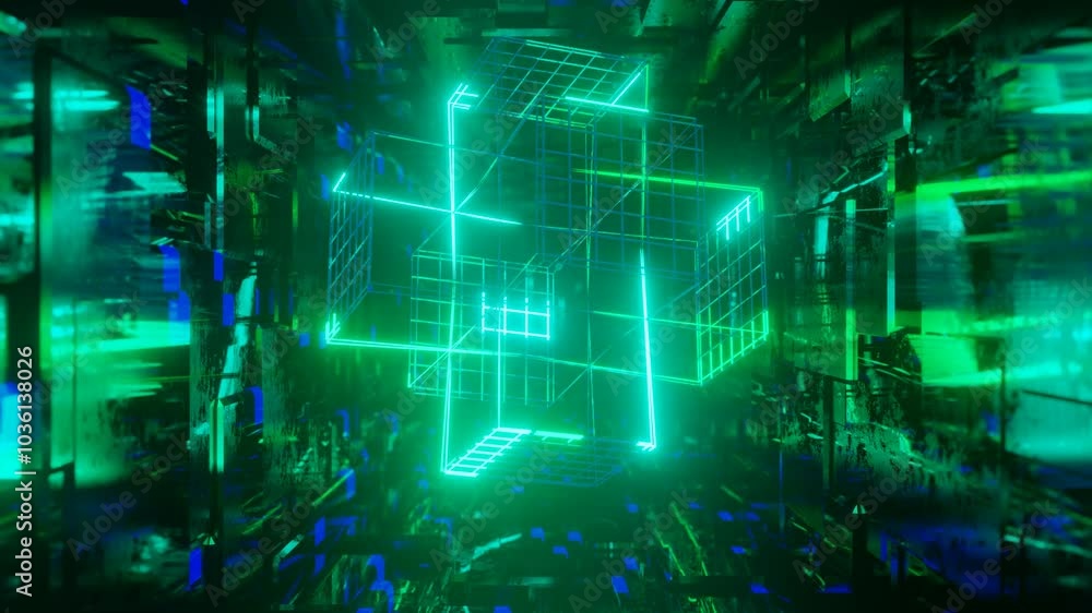 Poster 3d object or structure rotates and moves inside glass mirror tunnel with neon light, bright reflecti