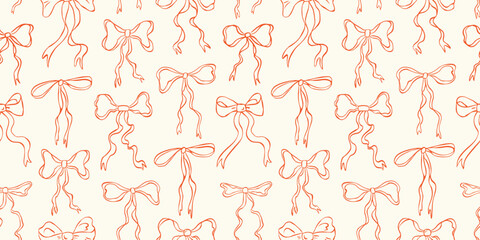 Seamless pattern with various hand drawn bow knots and gift ribbons. Minimalist drawing sketch style background. Trendy vintage doodle pattern. Stylish hair braiding accessory. Vector illustration.