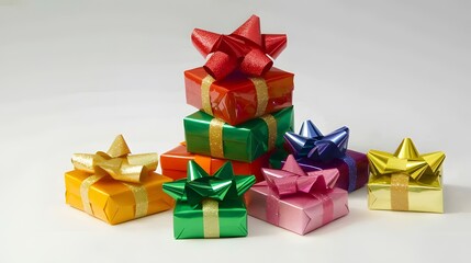 Small stack of wrapped presents with colorful bows