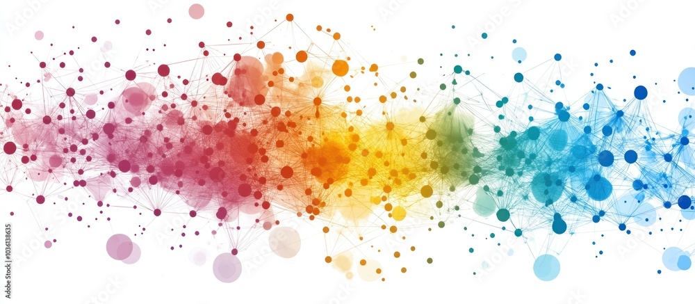 Poster abstract background with connected dots in rainbow colors.