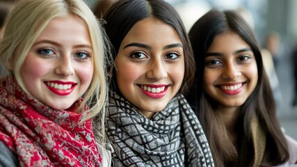 Young Women Smiling Together at a Cafe in a Bustling City During a Social Meetup in the Afternoon