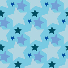 Seamless pattern with magical blue stars on light blue backgound. Vector image.