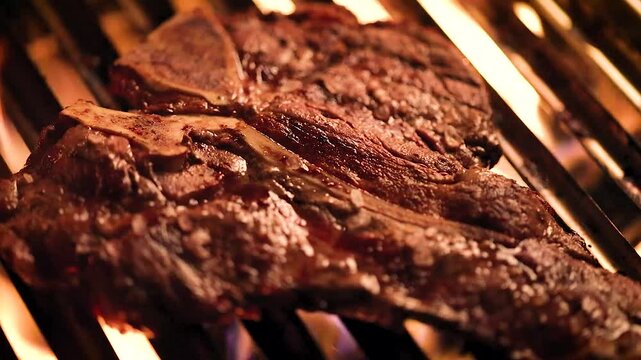 Grilling T-Bone Steak Over Open Flame on Barbecue