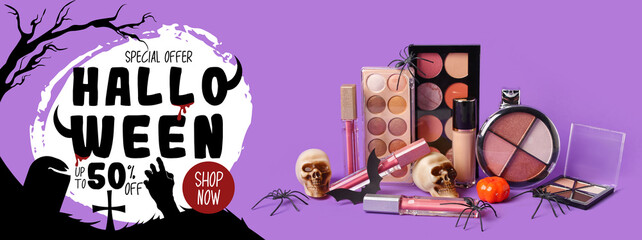 Set of different cosmetic products and Halloween decorations on color background