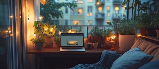 Cozy balcony with string lights, plants, a laptop, and a blanket.