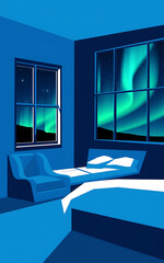 Fototapeta premium Blue bedroom with a bed and chair featuring a view of the Northern Lights perfect for a cozy and relaxing night 