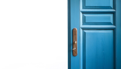 blue vintage antique wooden door on side position provides copy space for text. background concept...