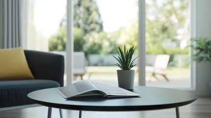 A brochure mockup displayed on a sleek black table in a bright room.