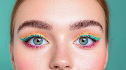 Naklejka premium Colorful eye makeup with teal and yellow eyeliner, close-up of woman’s eyes, bright and vibrant beauty portrait, green background, modern artistic beauty photography