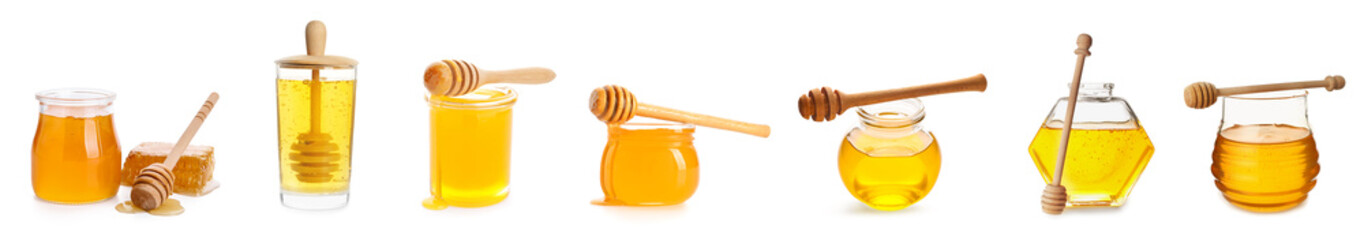 Set of jars with healthy honey on white background