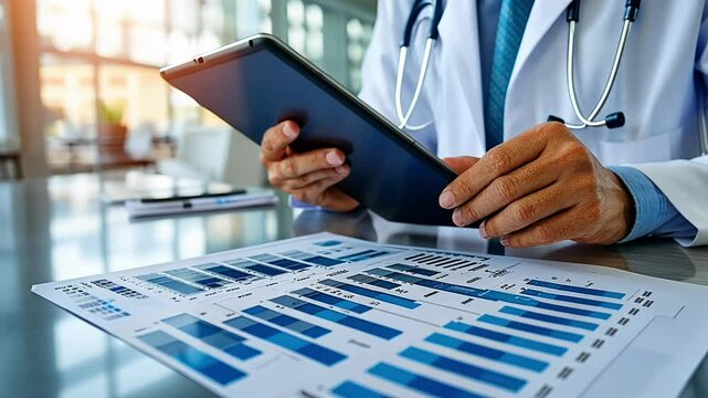 Doctor Reviewing Medical Data on a Tablet While Sitting at a Desk in a Well-Lit Hospital Office in the Afternoon