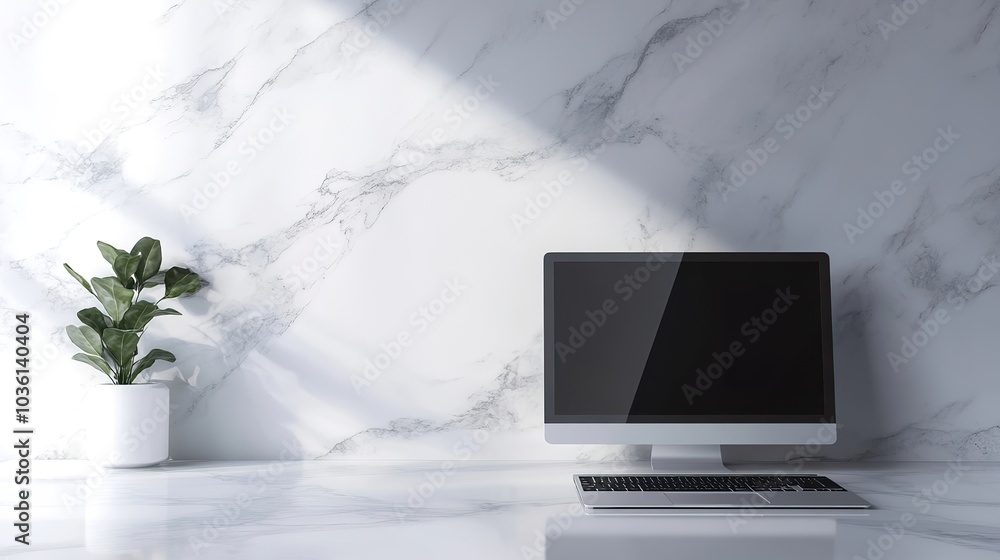 Aufkleber a clean desktop computer placed on a white marble surface with soft reflections.