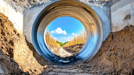 View of a construction site through a large concrete pipe showing blue sky, preparation for underground water supply system with reeds alongside