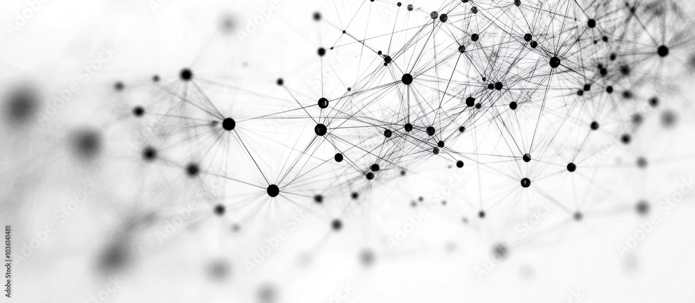 Poster abstract network of interconnected points on a white background.